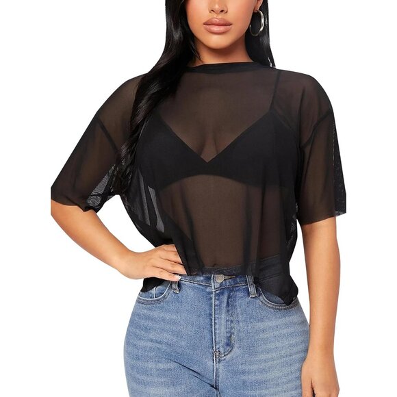 Tops - Women’s Mesh Crop Top Short Sleeve Crewneck Sheer Loose Fit Casual Shirt